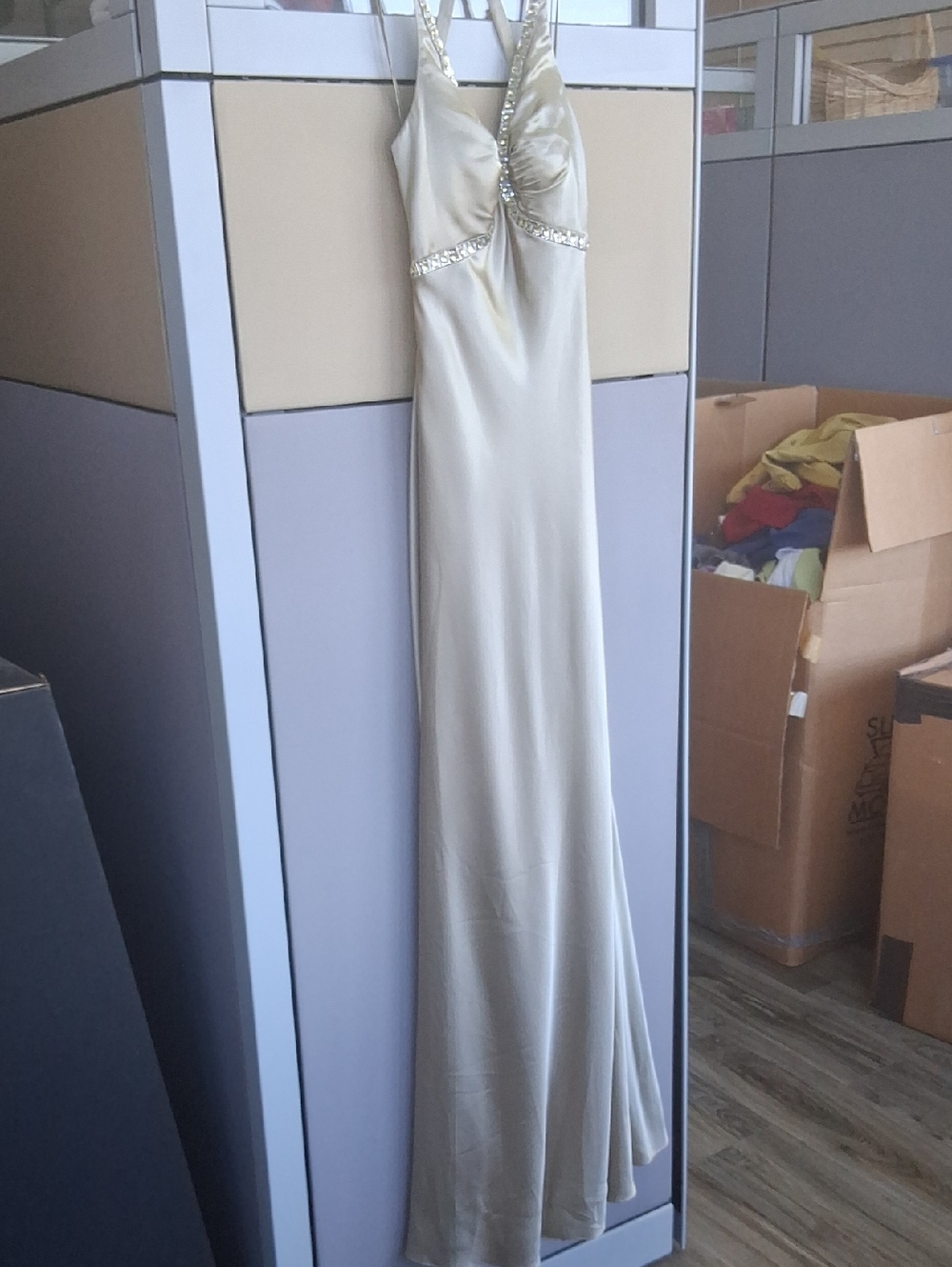 Vintage Elegant Cream Maxi Evening Dress with Embellished Straps By Faviana .